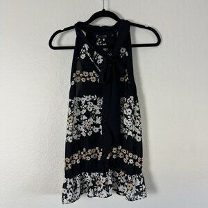 7th Avenue Design Studio Top Womens Size XL Black Floral Sleeveless Scarf Blouse